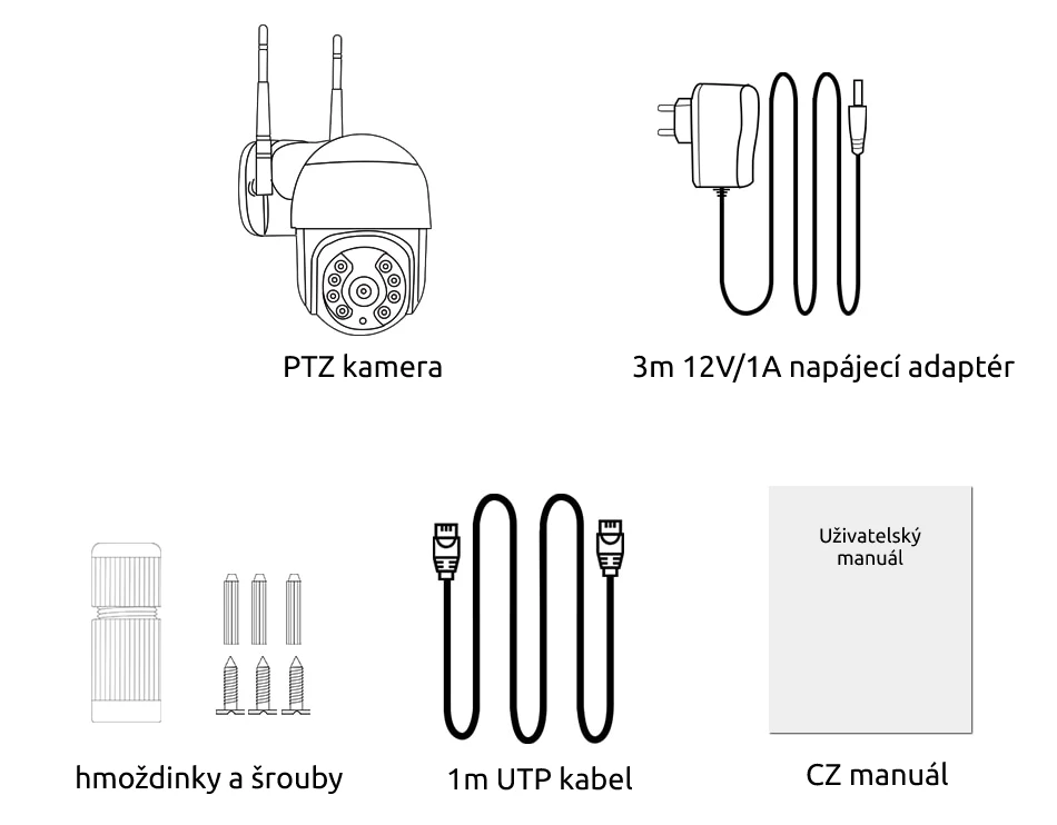 PTZ kamera, obsah balení