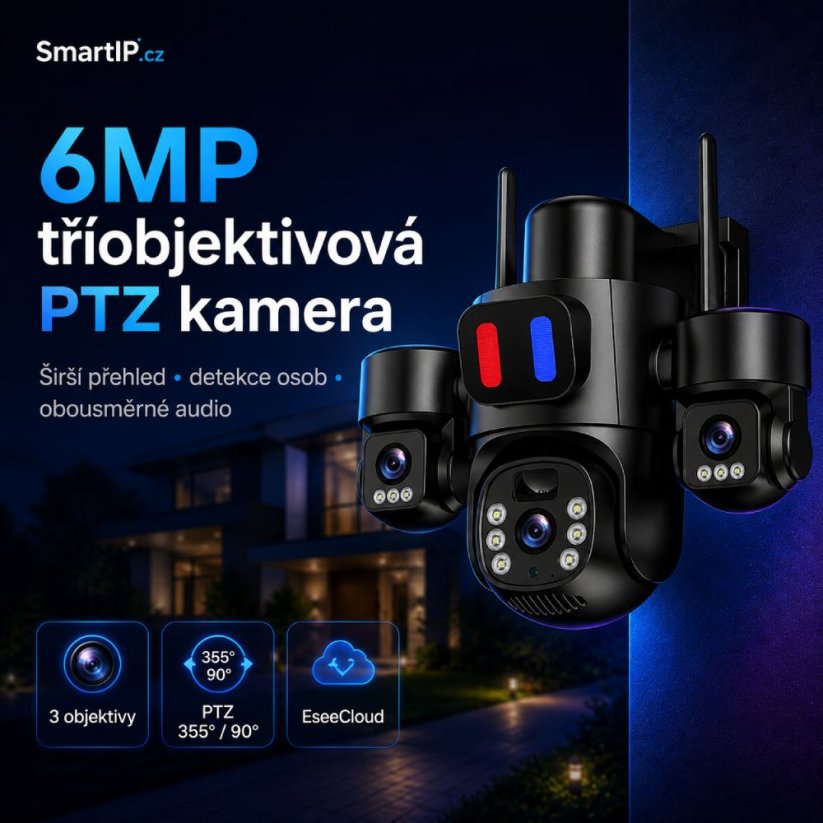 6MP tříobjektivová PTZ kamera s alarmem, Ese