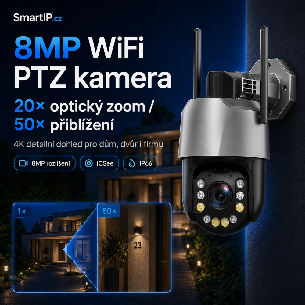 8MP venkovní otočná WiFi kamera iCSee s 50× přiblížením
