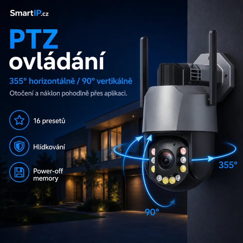 PTZ ovládání 355 stupňů a 90 stupňů