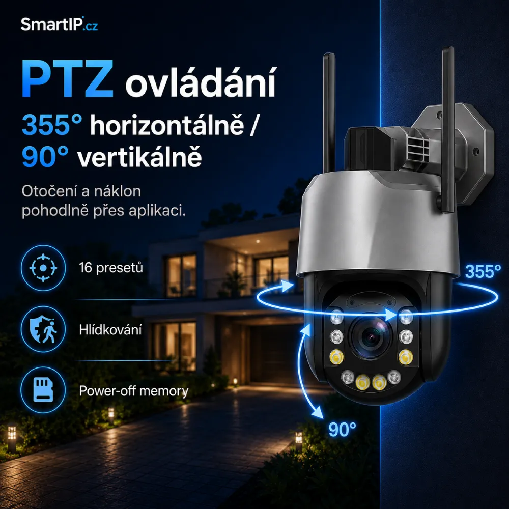 PTZ ovládání 355 stupňů a 90 stupňů
