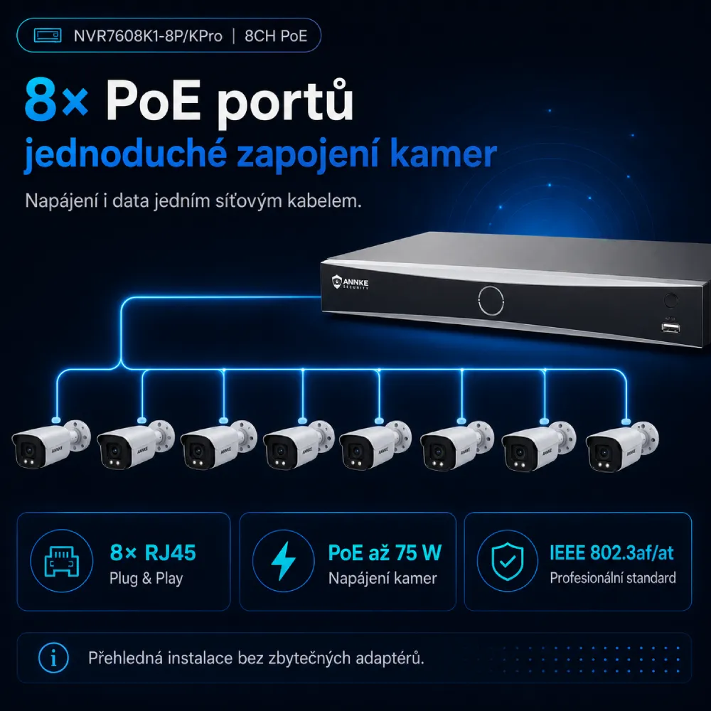 NVR7608K1-8P KPro 8 PoE portů zapojení kamer